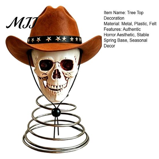 Dekorativer Totenkopf für Schaufenster Gothic Baumspitze mit Cowboyhut, Vintage Westliche Rustikale Wohnaccessoires Skelett-Ornament Halloween, Gruselig