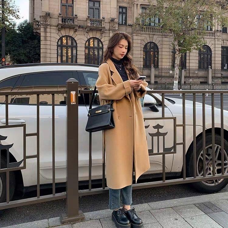Fashion Design Women's Double-breasted Tweed Coat Design Sense of Autumn and Winter Tweed Jacket Female Medium-length Tide