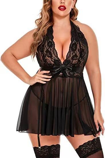 Новое сексуальное нижнее белье, европейский и американский большой размер, сексуальный прозрачный кружевной пеньюар-сет с подвязками, искушение S чёрный