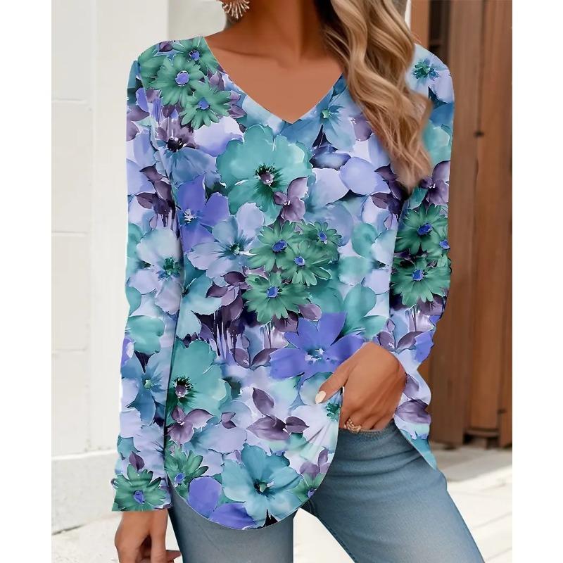 Spring and Autumn V-neck 3D Floral Graphic Printed Top Fashionable Elegant Casual Long Sleeved Women's T-shirts