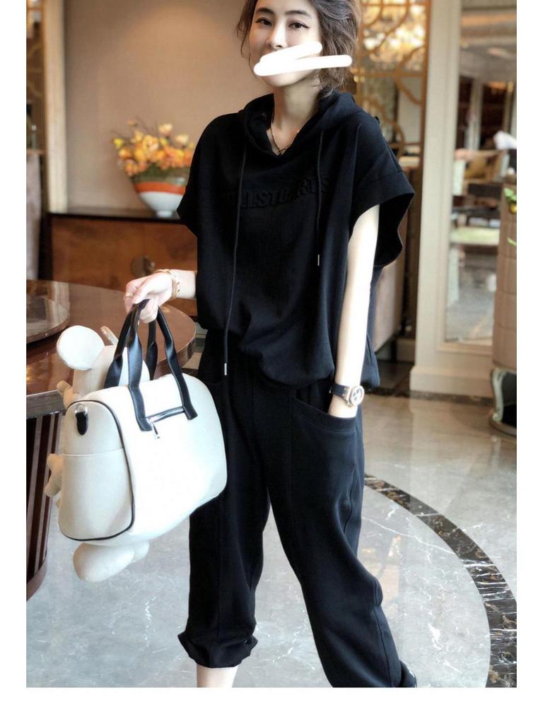 Women's Korean Style Summer Hooded Short-Sleeve Sweater and Casual Harem Pants Two-Piece Set