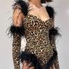 Fashion Sexy Leopard Print Casual Slim Beach Jumpsuit Bodysuit Feather Sleeveless SuitWomen With Gloves Jumper Body Suit Women