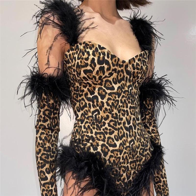 Fashion Sexy Leopard Print Casual Slim Beach Jumpsuit Bodysuit Feather Sleeveless SuitWomen With Gloves Jumper Body Suit Women