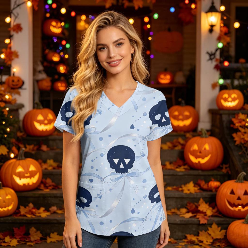 Damen V-Ausschnitt Kurzarm Kasack mit Taschen Halloween-Print Pflegekraft Uniform