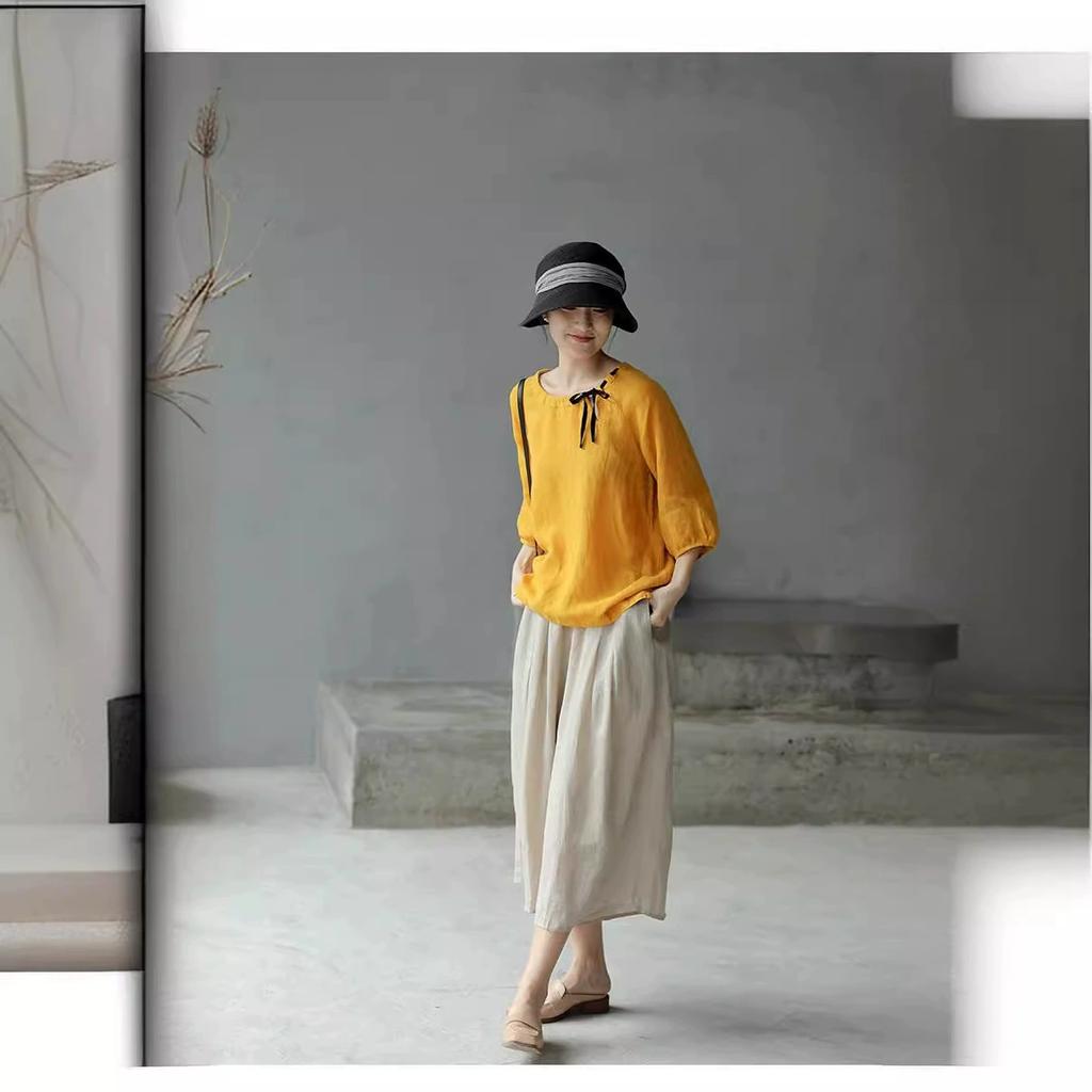 Women's Summer Literary Retro Round Neck Color Collision Short-sleeved Top Temperament Elegant Commuter T-shirt