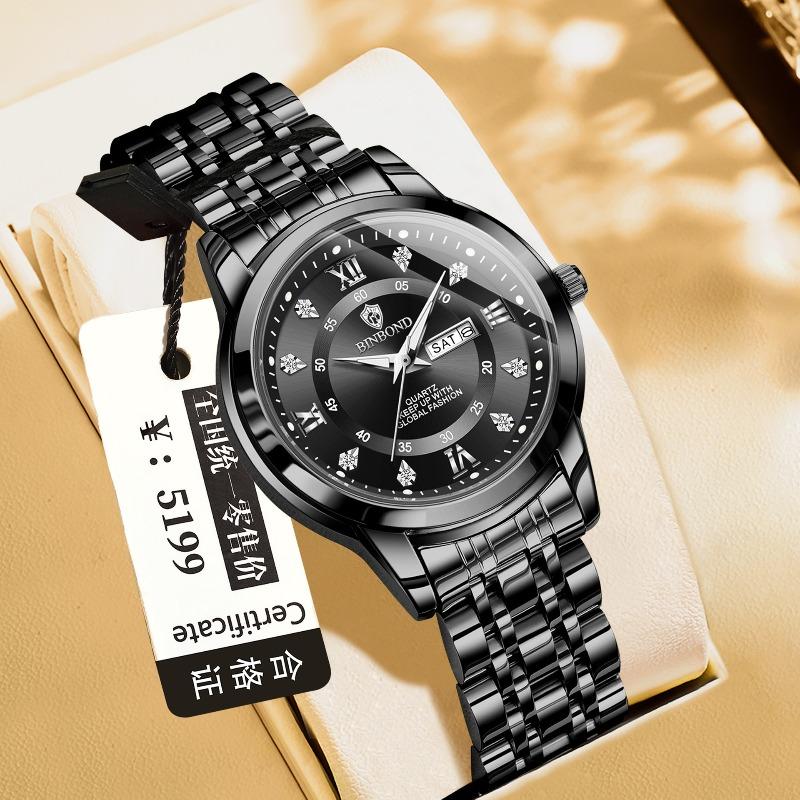Binbang Quartz Movement Waterproof Luminous Business Fashion Double Calendar Diamond Steel Belt Butterfly Buckle Men's Watch