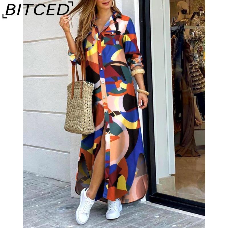 BITCED Women's Spring/Autumn Fashion: Sensual Single-Breasted Button-Down Shirt Dress Loose-Fitting Polo Neck Dress