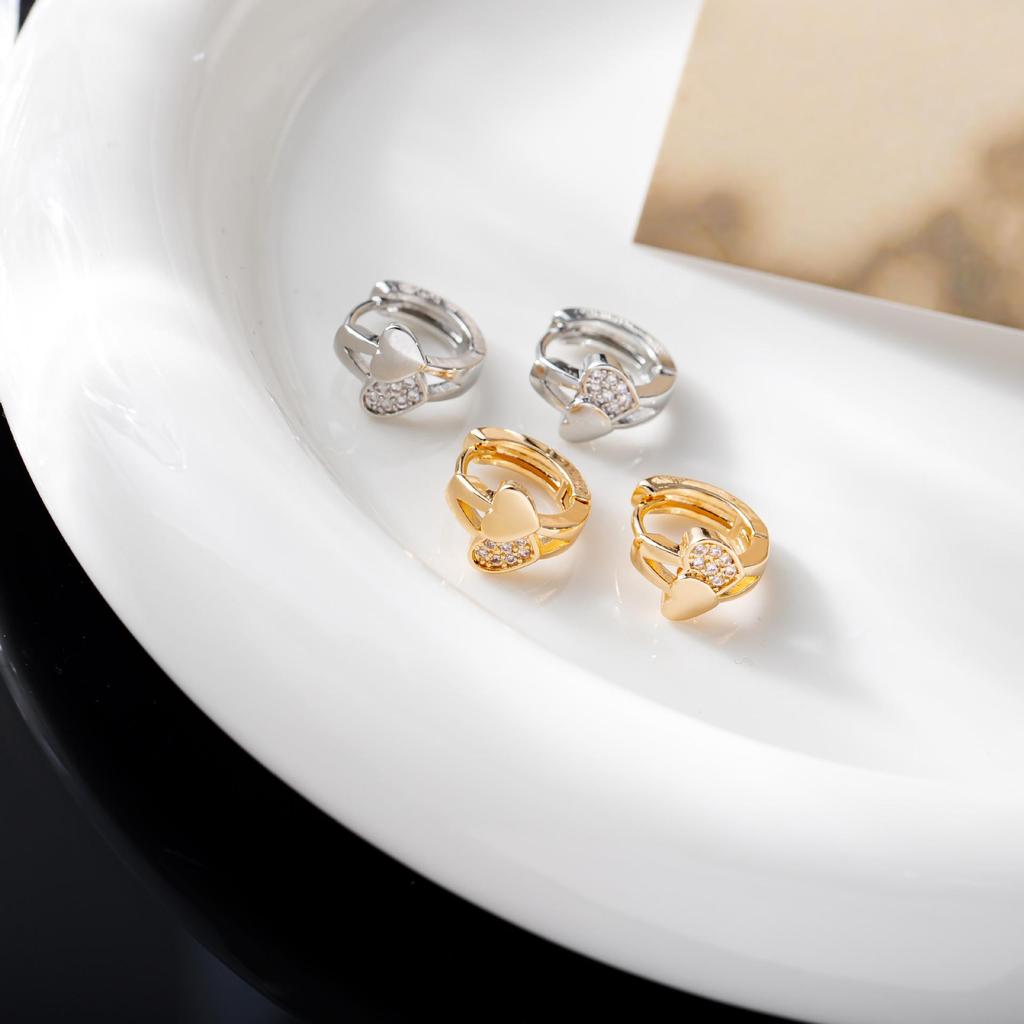 Double Love Heart Zircon Stud Earrings: Retro Micro-Inlay Design, Japanese-Korean Style, Simple Metal Accessories