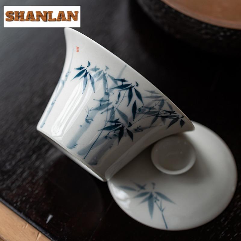 110ml Hand-painted Blue Bamboo Gaiwan Ancient Plant Gray Tea Tureen Tea Bowl With Lid Kit Tea Brewing Cover Bowl Teaset Gift