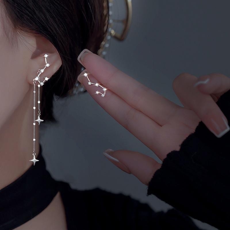 Korean Style Silver Color Asymmetric Star Long Tassel Fashion Zircon Drop Earring for Girl Women Birthday Gifts Wholesale