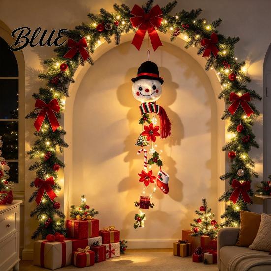 Snowman Wall Hanging Christmas Decor with String Light Glowing Plush Lights Hanging Winter Ornament Top Hat & Striped Scarf