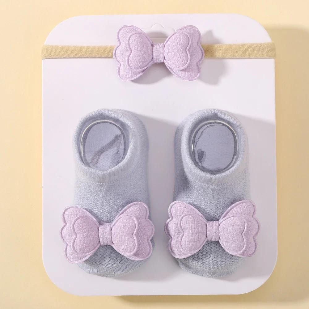 0-1Y Babe Soft Socks Headband Sets Solid Cotton Girls Breathable Socks Cute Bows for Infant Little Girl Clothing Accessories