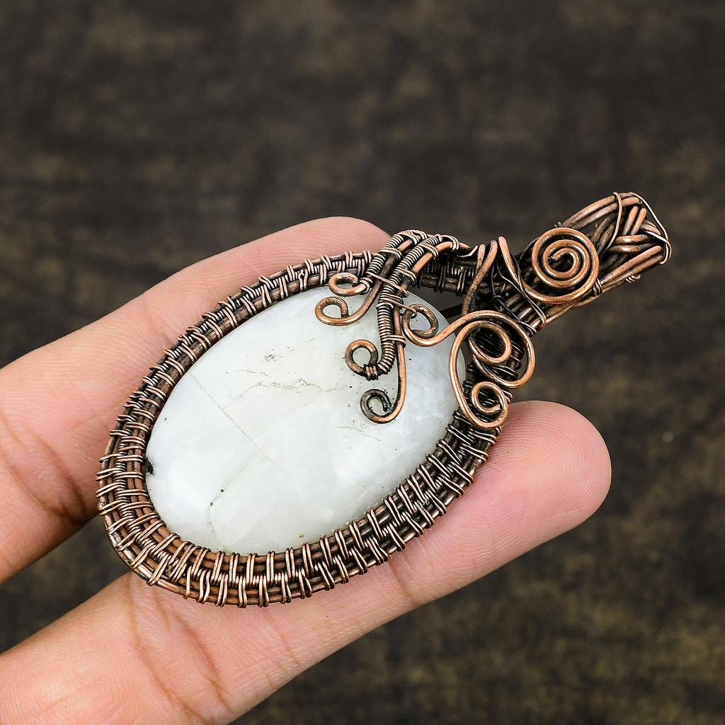 Natural Rainbow Moonstone Gemstone Copper Wire Wrap Gift Pendant 3.07 V5Q53