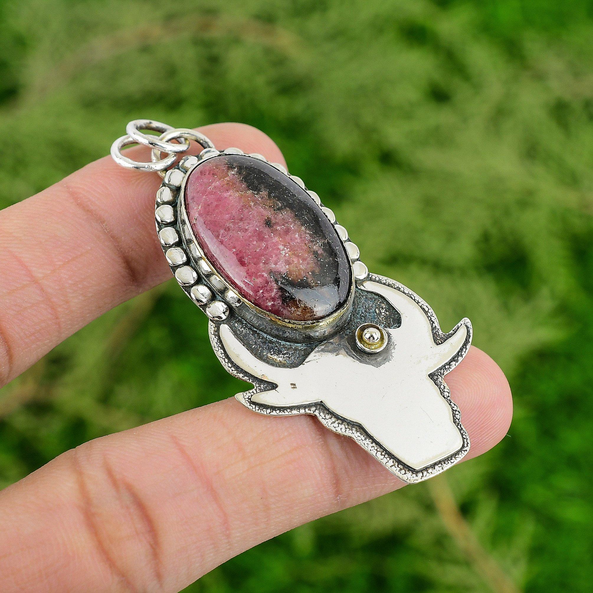 

Oval Rhodonite Gemstone 925 Silver Bezel Wedding Mother Unique Birthday Pendant