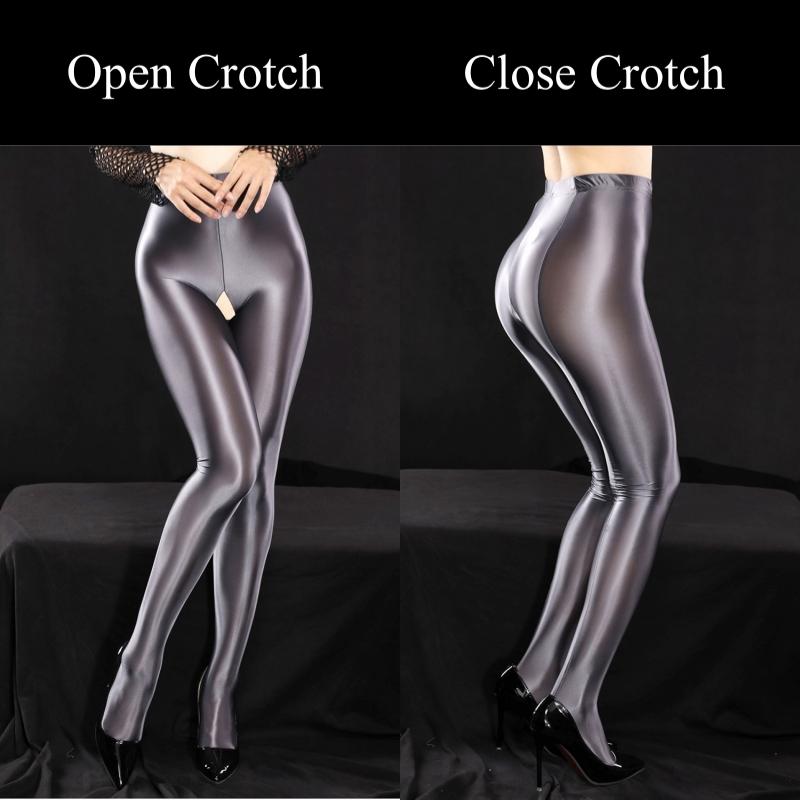 Plus Size Glossy Satin Pantyhose Women Sexy Open Crotch Tights Pole Dance Clubwear Oil Shiny Opaque Fitness Leggings