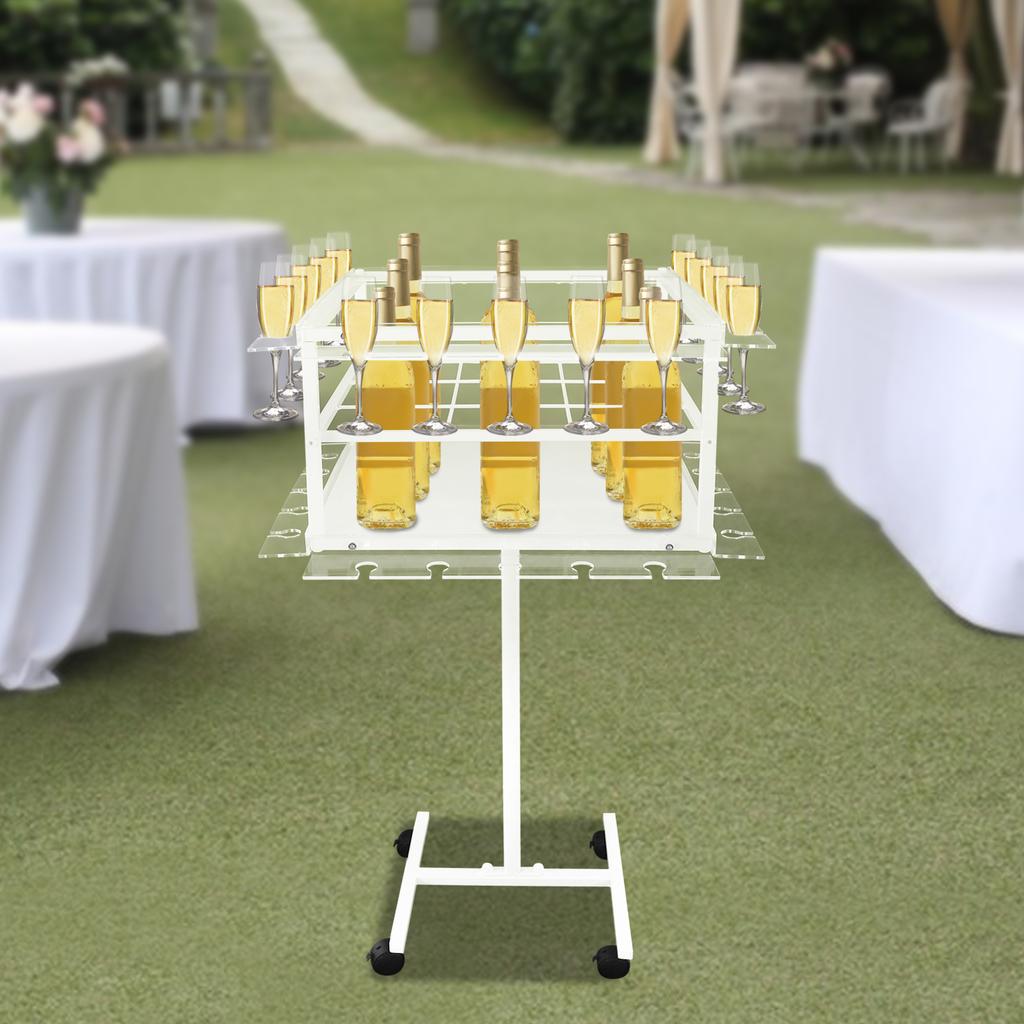 Champagne Display Stand, Party Glass Holder - 2-Tier Decorative Rack with Wheels, Holds Up to 44 lbs, Mobile Bar Cart Organizer