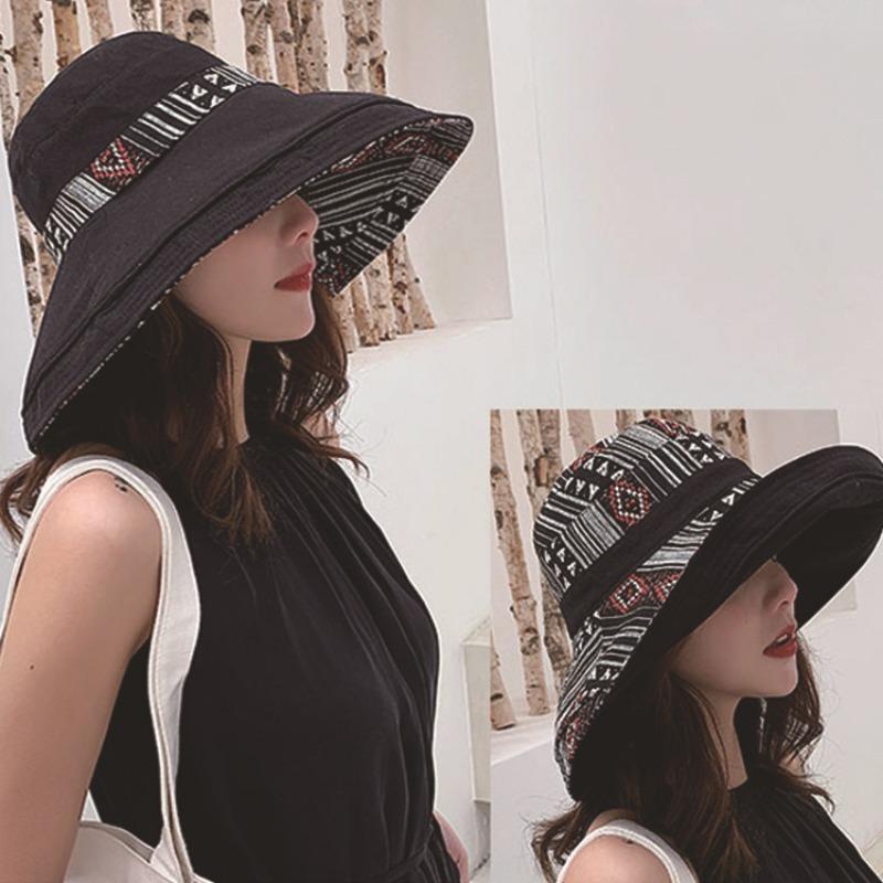 Sonnenschutz UV-Schutz Sonnenschirmhut Ethno-Stil Retro-Hut mit Kordelzug Damen Outdoor Sonnenschutz Schatten Wanderhut Doppelseitiger Fischerhut