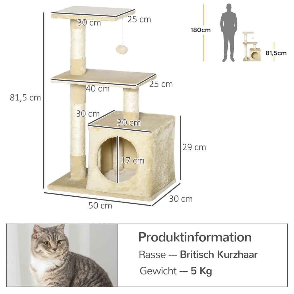 Cat Tree with Sisal Cat Tree Climbing Tree Cat Furniture Scratching Board with Soft Plush Cat Toy Sturdy E1-Class Chipboard Beige 50 x 30 x 81.5 cm