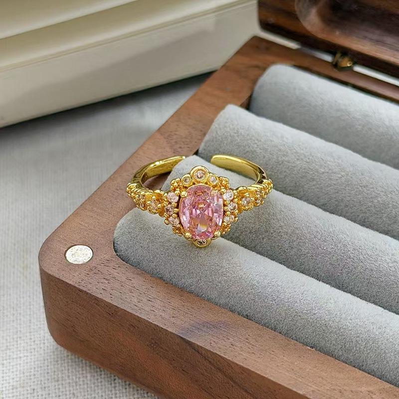 Medieval Vintage Pink Zircon Colored Treasure Open Ring Niche Light Luxury High Sense Stacked With Diamond Rings Woman