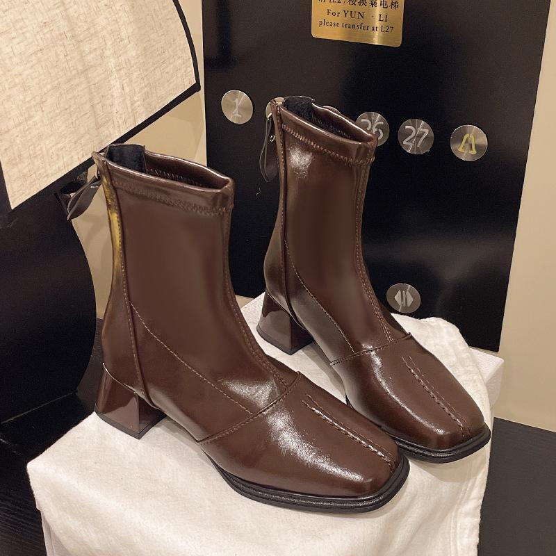 Korean version thick heel square head short boots women's boots autumn and winter Chelsea boots French retro brown leather boots thin boots