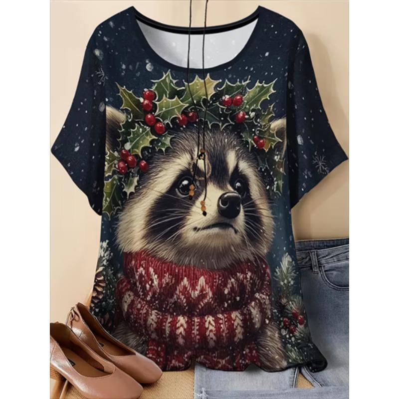 Women's Christmas T-Shirt Holiday Top Tee Round Neck Shirt Festive Wear Cheerful Print Short Sleeve T-Shirt