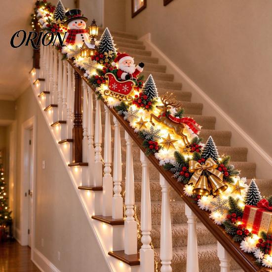 Holiday Entryway Stair Garland Santa Sleigh Railing Decor, Warm LED Lighted Snowy Banister Decoration, Pre-Lit Christmas White Lighting with