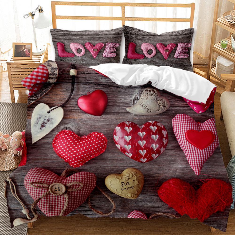 Three-Piece 3D Digital Printing Bedding Quilt Cover Love Sheets