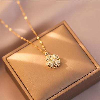 New Internet Celebrity Rotating Opal Four-leaf Clover Titanium Steel Necklace Women, Light Luxury and Versatile Fashion Copper Pendant, Same Ring