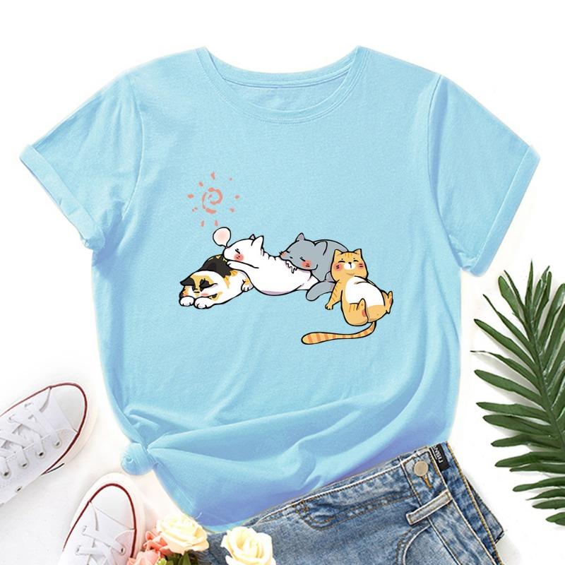 T-shirt estive da donna in cotone a maniche corte e girocollo ampio con stampa di gatto che dorme