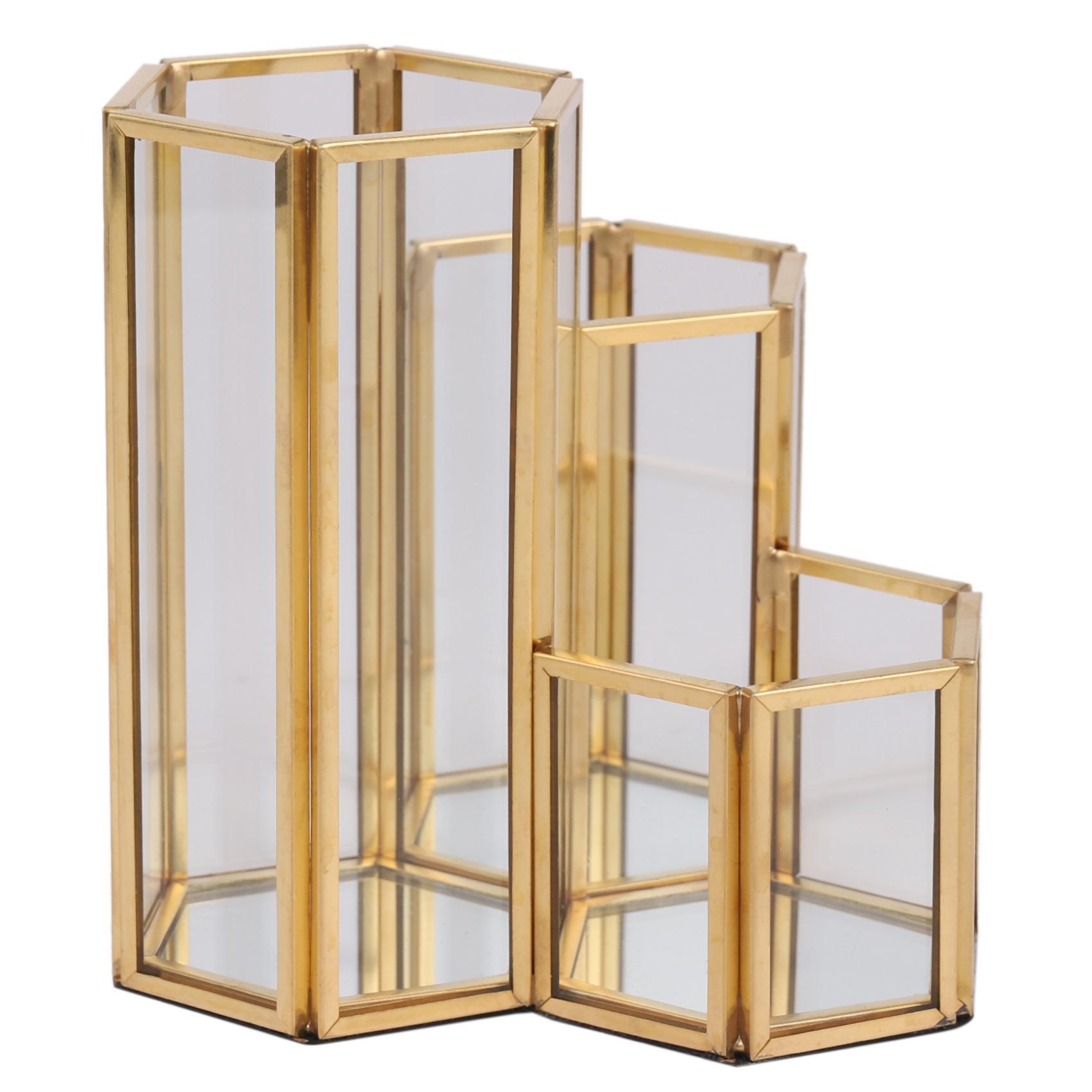 M-Modern-Glass Copper Hexagon Composite Pen Holder Makeup Brush Glass Box Multifunction Desktop Organizer Office Accessories