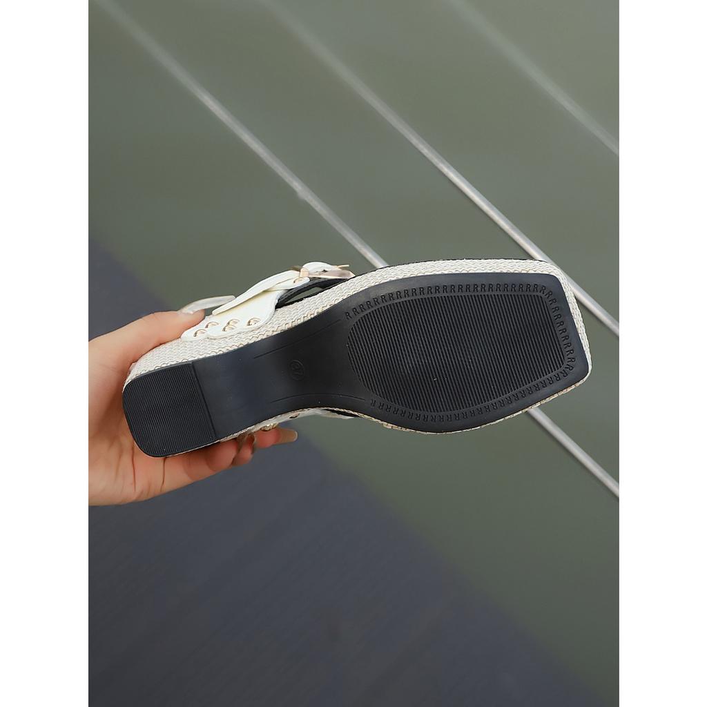 Ladies' Thick Soled Wedge Sandals with Metal Nail Buckle Design - Square Toe Breathable Fabric Cover, Shock-absorbing Rubber Sole, Non Slip Shoes