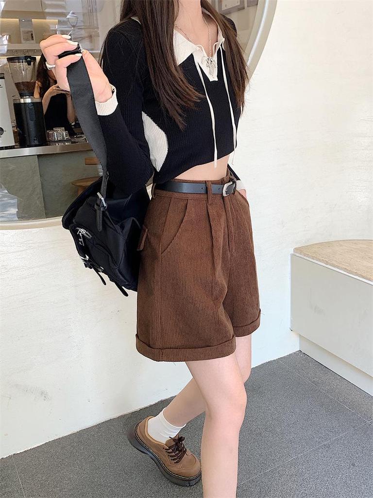 Corduroy Cuffed Straight Leg Shorts for Women - Autumn/Winter Loose Slimming Wide Leg Casual Pants