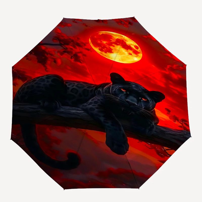 Black Leopard Moonlit Night Themed Automatic Opening and Closing Umbrella, Brightly Colored 8-rib Portable Umbrella, Suitable for Men and Wo