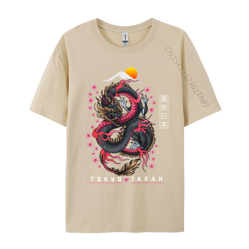 Japanese Aesthetic Dragon Tokyo Japan Unisexga Europe T Shirts Slim Fit Printed Pure Cotton Crew Neck Unisex Tops Shirt