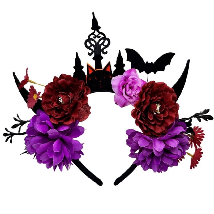 Dark Series Flower Hairband with Skull Decors For Women Girl Halloween Costume Party Role Playing Accessory Headpiece
