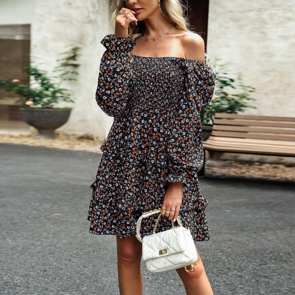 Frauen Herbst Elegante Square Neck Laterne Hülse Plissee Fragmentierte Blume Kleid