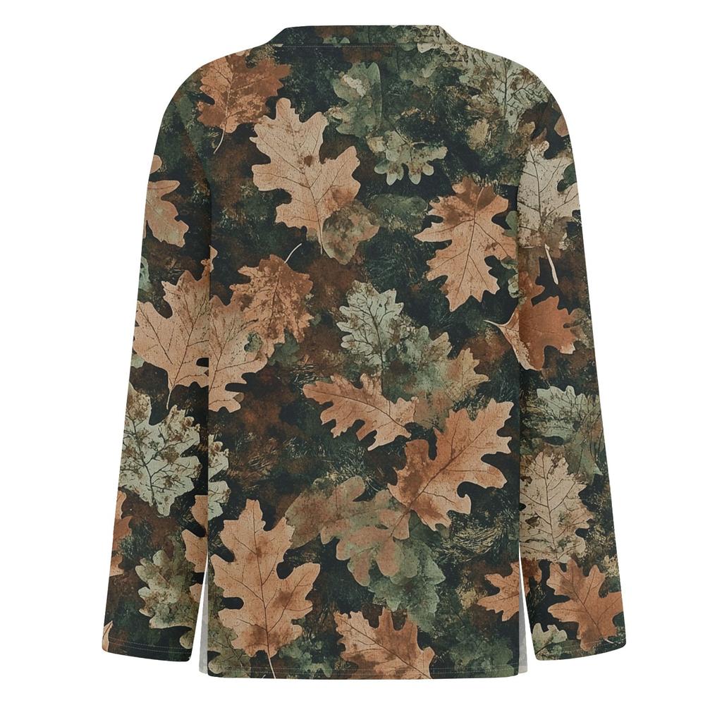 Moda Donna Top Casual a Maniche Lunghe con Scollo Rotondo e Spacco sull'Orlo con Stampa Foglia Morta