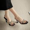 Beautiful Cross-strapped Rhinestone Open-toed Square Sandals Women's Sexy Black Satin High-heeled Cool Slippers 2025 Summer