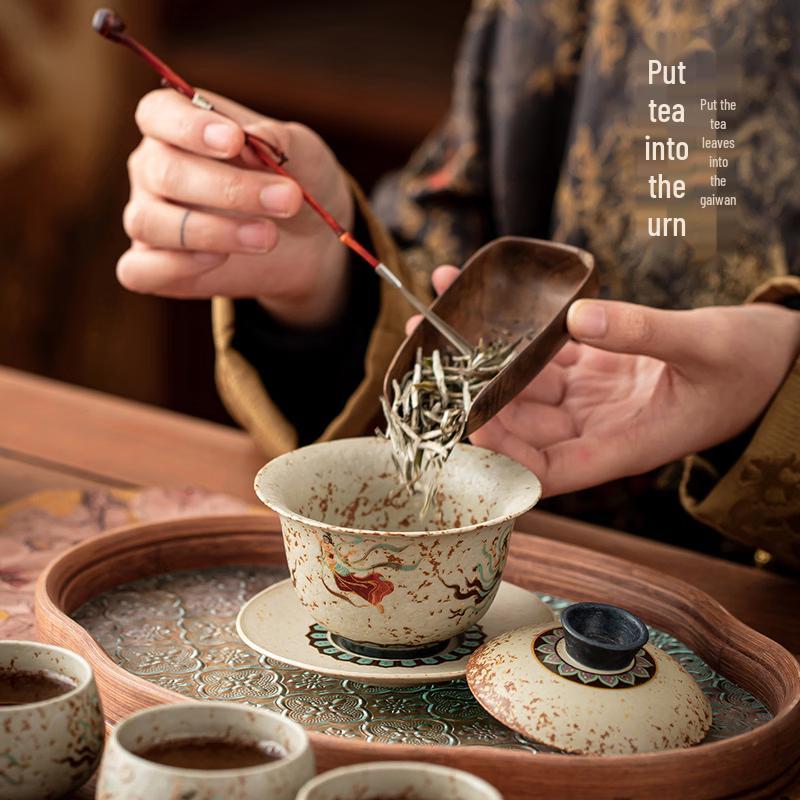 Dunhuang Flying Apsara Flint Red Ceramic Gaiwan Tea Set