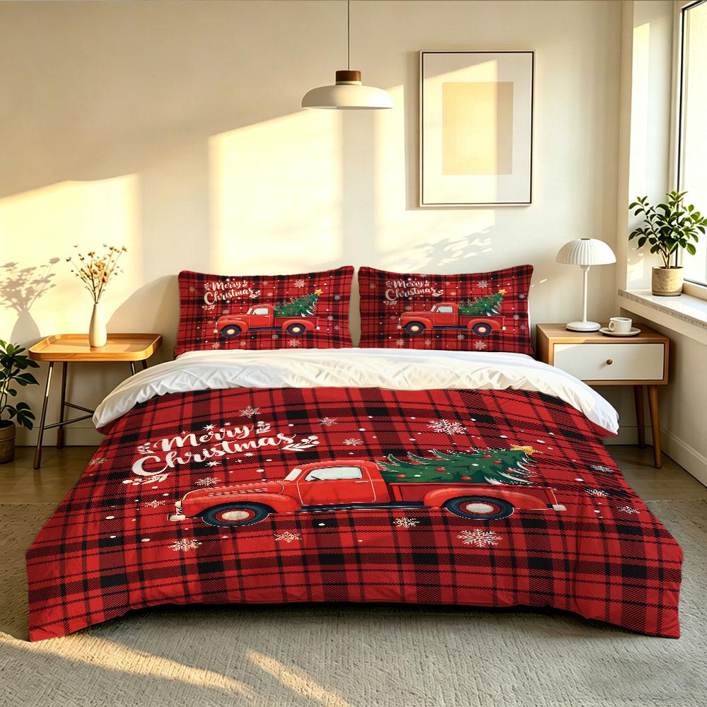 3pcs(1 bedspread + 2 pillowcases) featuring a red truck-themed Christmas tree pattern on plaid base home decoration item