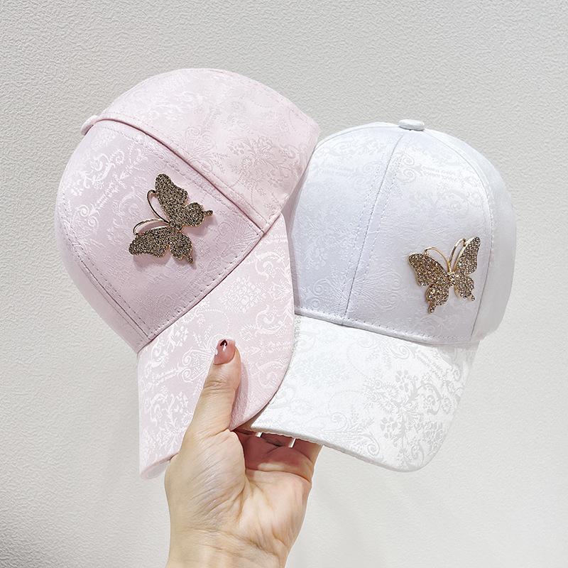 Rhinestone butterfly baseball cap children summer thin mercerized cotton sunscreen visor lace pattern cap