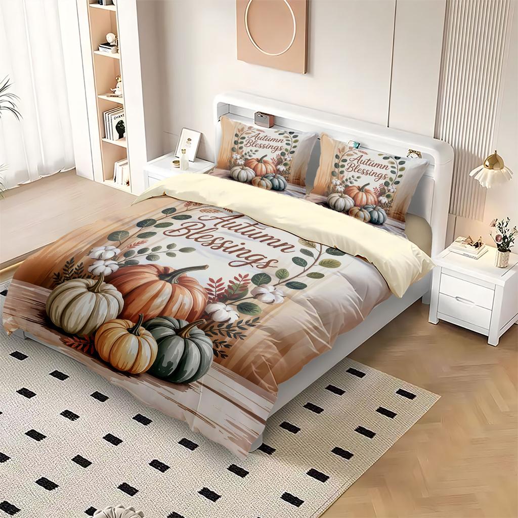 3pcs Autumn Harvest Festival Pumpkin Print Coreless Quilt Set Multiple Sizes Soft Living Room Decoration Machine Washable