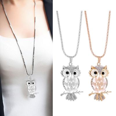 Owl Necklace Sweater Chain Faux Opal Rhinestone Decor Alloy Clothes Jewelry Dating Prom Party