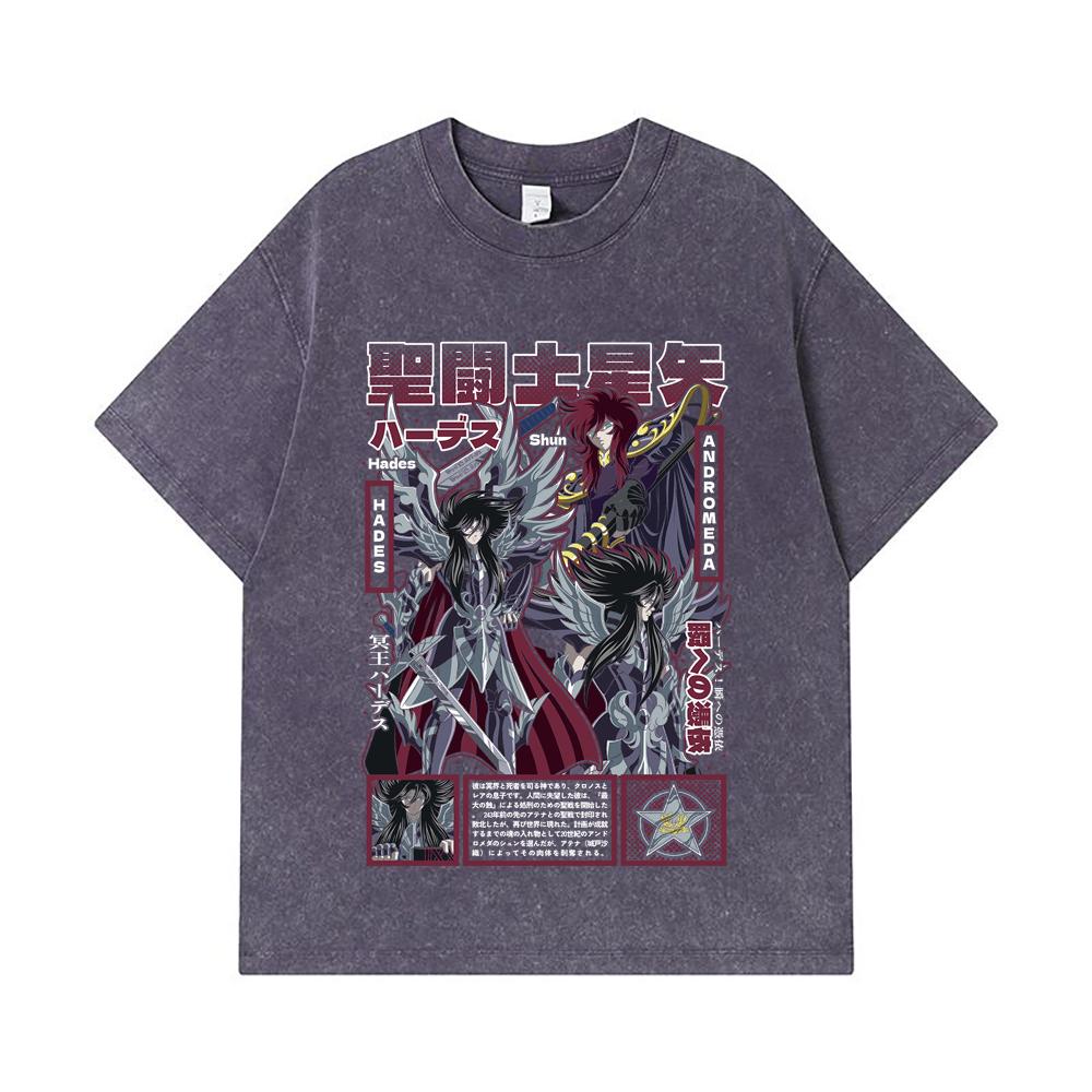 275 GSM Washed T-shirts 100% Cotton Saint Seiya V4 Hades Print Unisex Heavy Cotton T Shirt