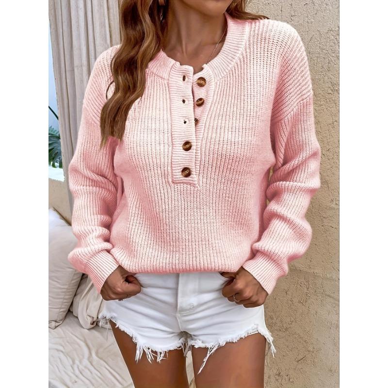 [Cozy Sweater] Soft & Comfortable Women's Cozy Pink Sweater | Casual Crew Neck, Long Sleeve Pullover for Fall/Winter, Button Details