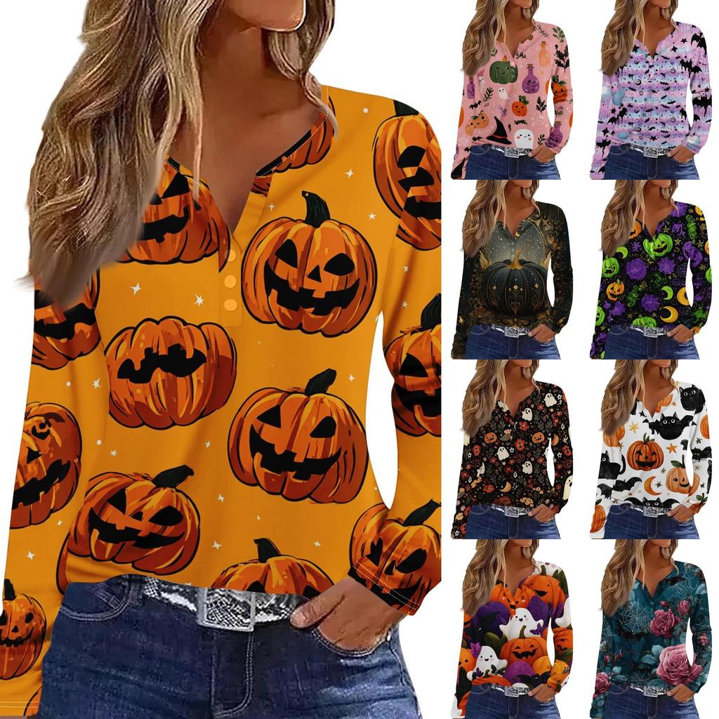 Women's Halloween Print V-Neck T-Shirt with Decorative Buttons Long Sleeve Casual Top