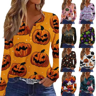 Women's Halloween Print V-Neck T-Shirt with Decorative Buttons Long Sleeve Casual Top