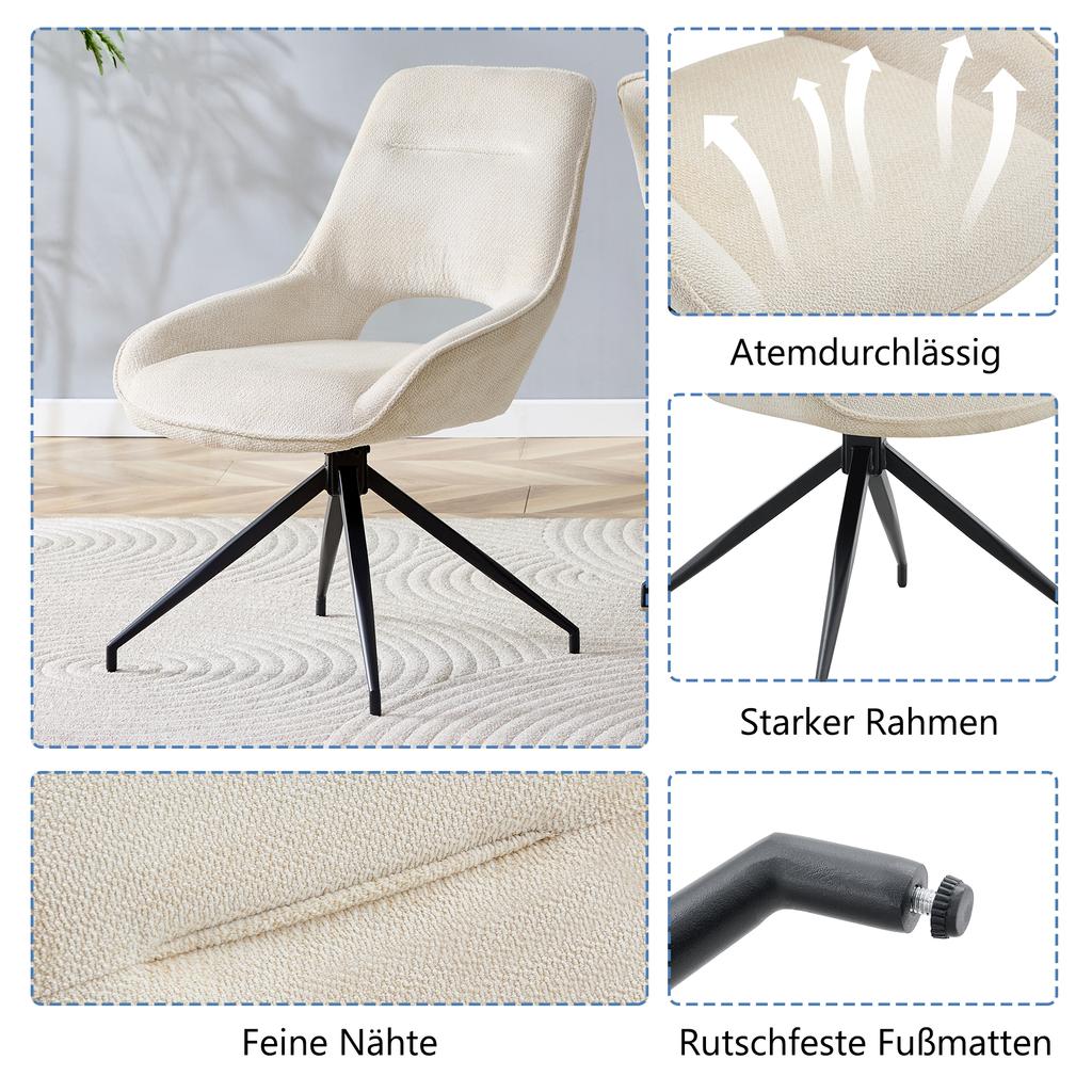 [Set of 2] 360° Swivel Dining Chair with White Fabric Cover: Black Lacquered Metal Frame with Four Legs, Suitable for Modern Dining Areas.