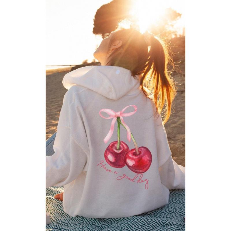 European Women's Cherry Coquette Ribbed Hoodie Sweatshirt