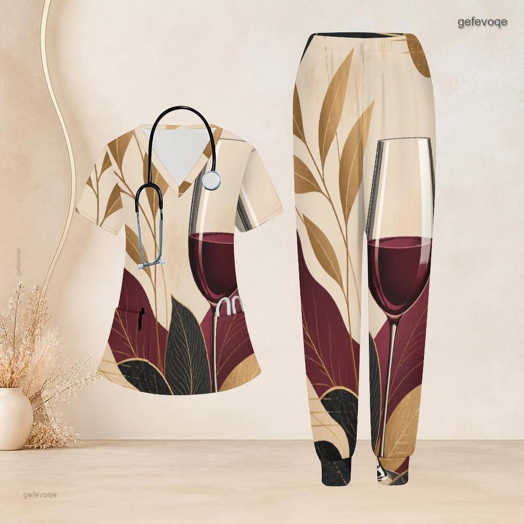 Women Plus Size V Neck Short Sleeve Scrub Set Wine Glass Leaf Abstract Art Print Nurse Uniform Set